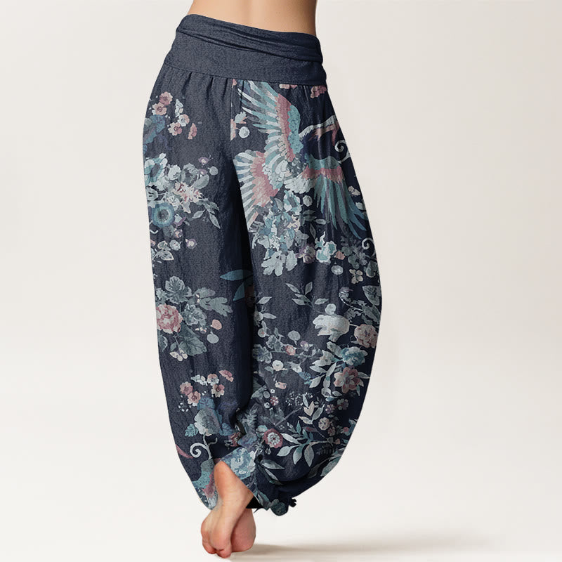 Pantalones Buddha Stones de algodón puro con estampado de flores coloridas, pájaros y hojas para mujer, con cintura elástica