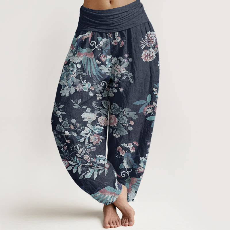 Pantalones Buddha Stones de algodón puro con estampado de flores coloridas, pájaros y hojas para mujer, con cintura elástica