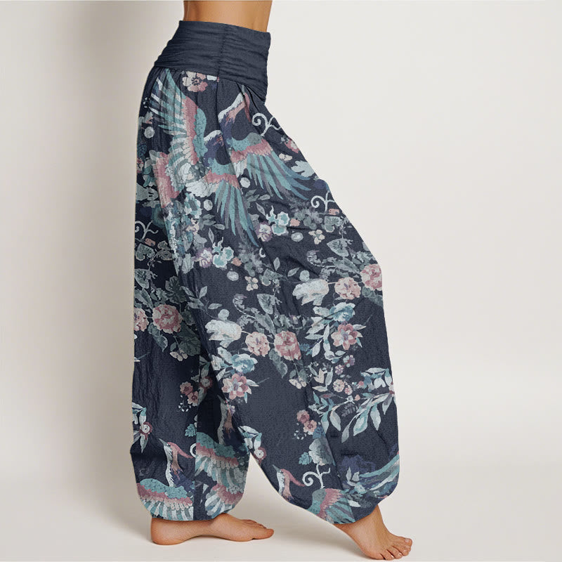 Pantalones Buddha Stones de algodón puro con estampado de flores coloridas, pájaros y hojas para mujer, con cintura elástica