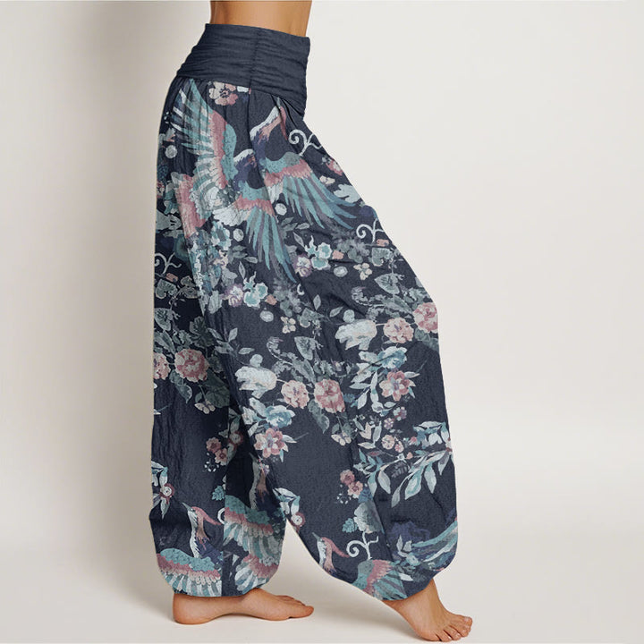 Pantalones Buddha Stones de algodón puro con estampado de flores coloridas, pájaros y hojas para mujer, con cintura elástica