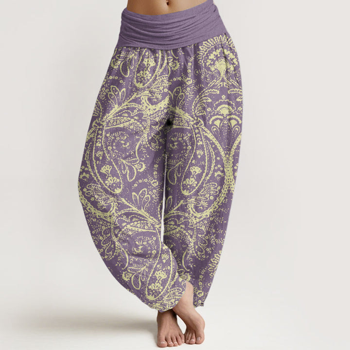 Pantalones harén de algodón puro con estampado de cachemira y flores de Buddha Stones para mujer, cintura elástica