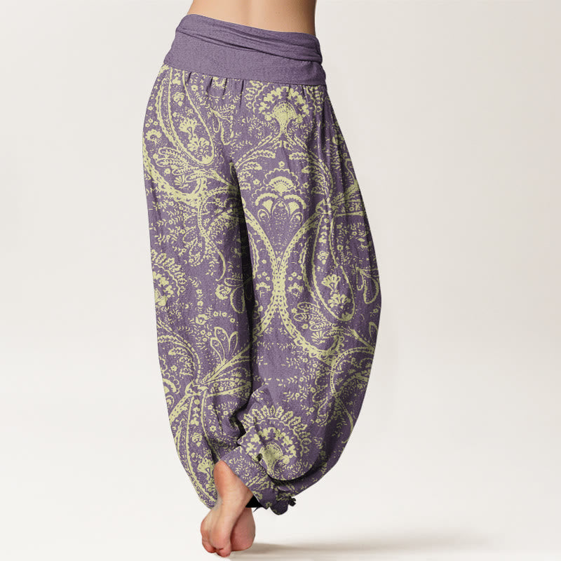 Pantalones harén de algodón puro con estampado de cachemira y flores de Buddha Stones para mujer, cintura elástica