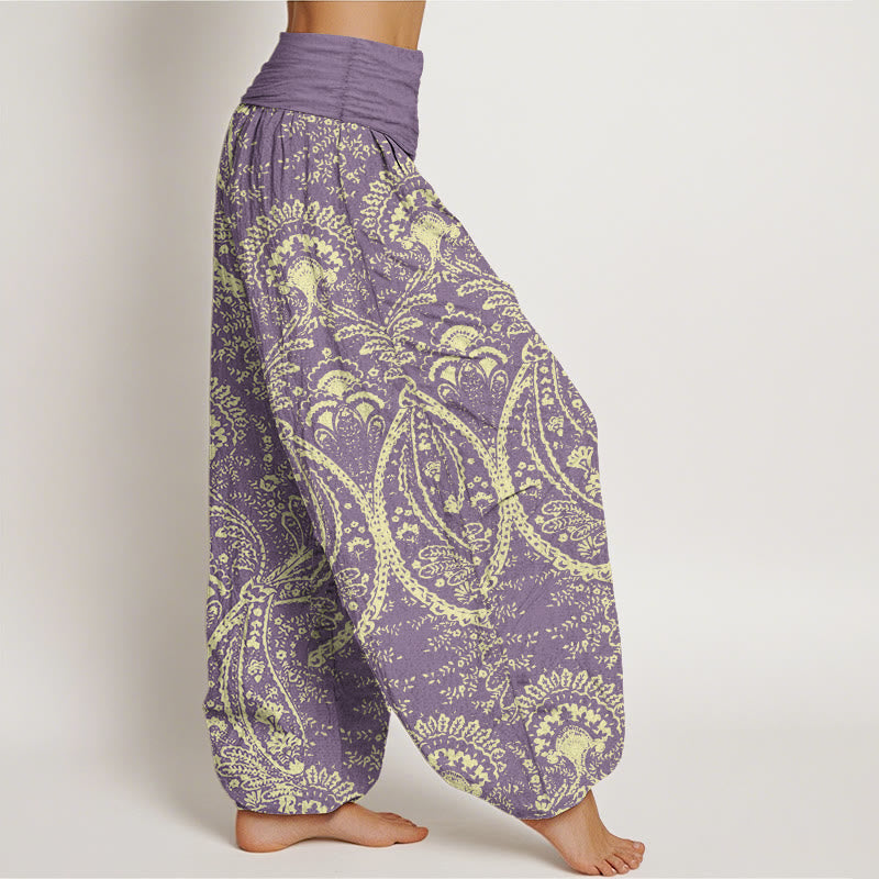 Pantalones harén de algodón puro con estampado de cachemira y flores de Buddha Stones para mujer, cintura elástica