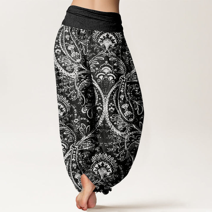 Pantalones harén de algodón puro con estampado de cachemira y flores de Buddha Stones para mujer, cintura elástica