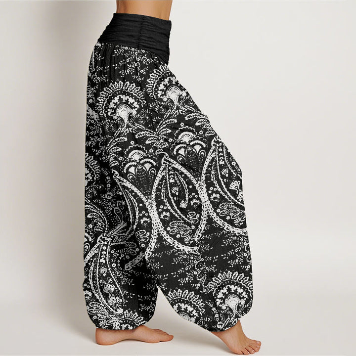 Pantalones harén de algodón puro con estampado de cachemira y flores de Buddha Stones para mujer, cintura elástica