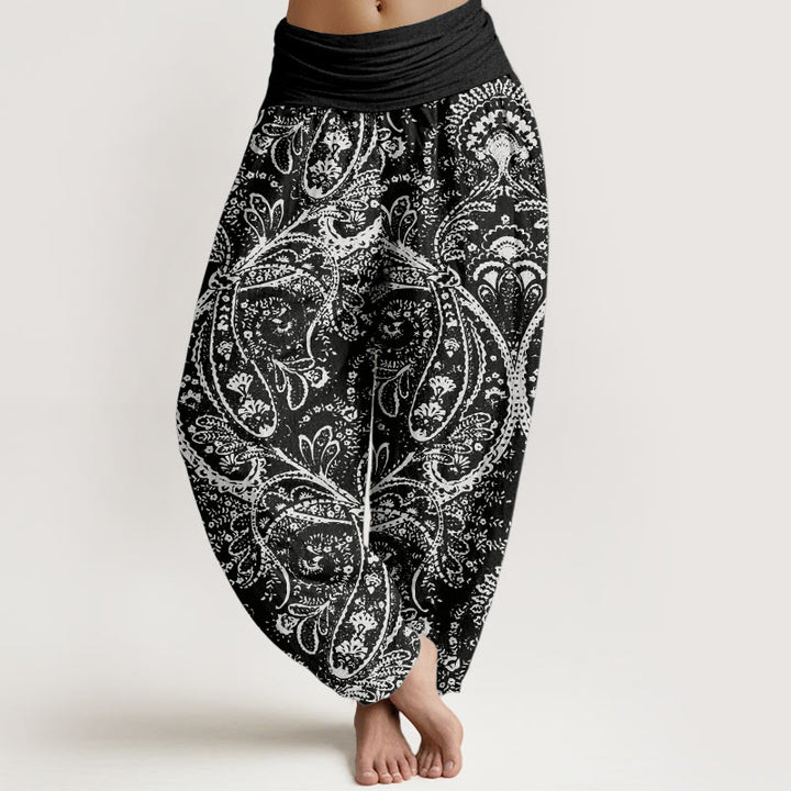 Pantalones harén de algodón puro con estampado de cachemira y flores de Buddha Stones para mujer, cintura elástica - Negro - US22，UK/AU26，EU54 (6XL) - image 9