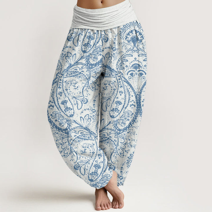 Pantalones harén de algodón puro con estampado de cachemira y flores de Buddha Stones para mujer, cintura elástica
