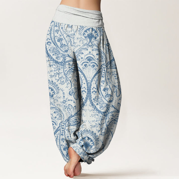 Pantalones harén de algodón puro con estampado de cachemira y flores de Buddha Stones para mujer, cintura elástica