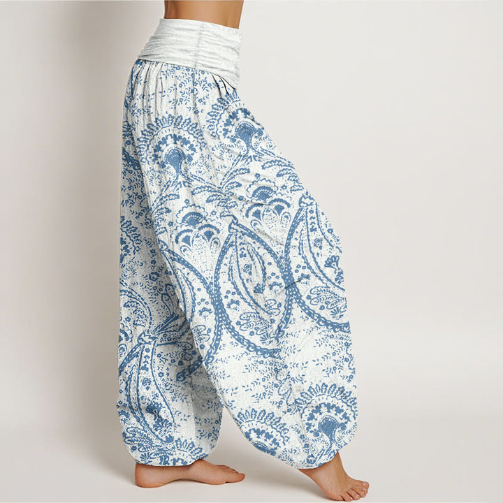 Pantalones harén de algodón puro con estampado de cachemira y flores de Buddha Stones para mujer, cintura elástica