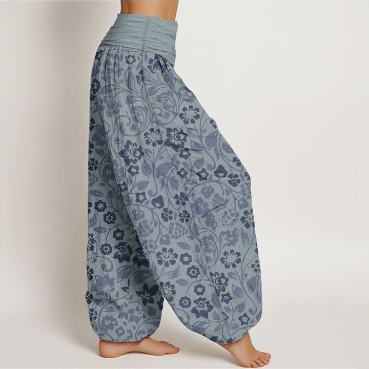 Pantalones Buddha Stones de algodón puro con diseño de pequeñas flores entrelazadas y ramas para mujer, con cintura elástica