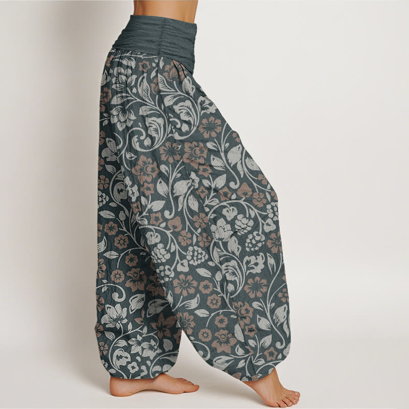 Pantalones Buddha Stones de algodón puro con diseño de pequeñas flores entrelazadas y ramas para mujer, con cintura elástica