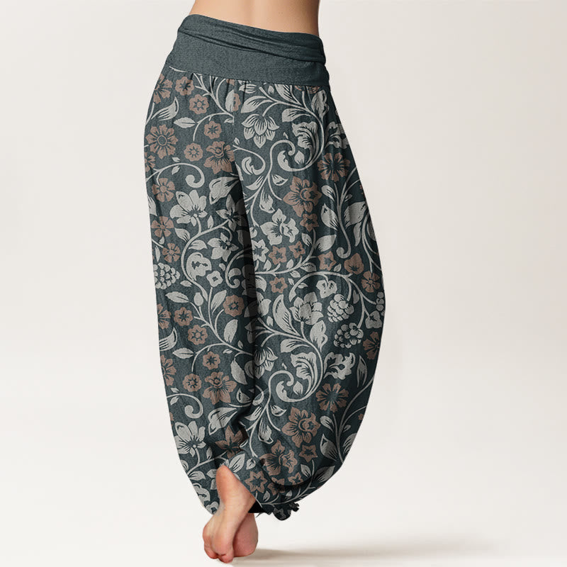 Pantalones Buddha Stones de algodón puro con diseño de pequeñas flores entrelazadas y ramas para mujer, con cintura elástica