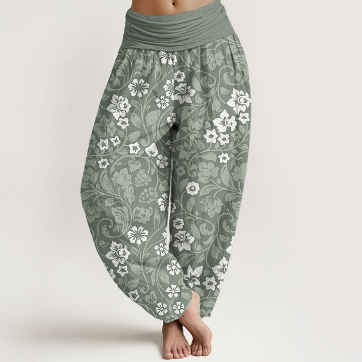 Pantalones Buddha Stones de algodón puro con diseño de pequeñas flores entrelazadas y ramas para mujer, con cintura elástica