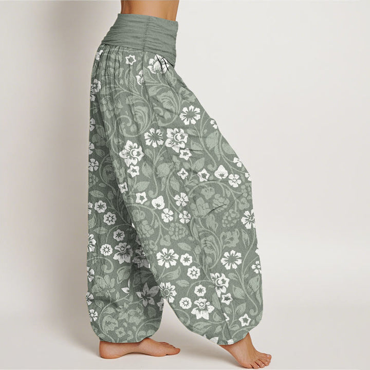 Pantalones Buddha Stones de algodón puro con diseño de pequeñas flores entrelazadas y ramas para mujer, con cintura elástica