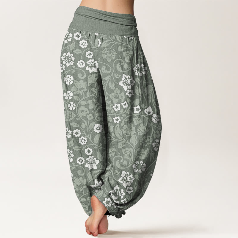 Pantalones Buddha Stones de algodón puro con diseño de pequeñas flores entrelazadas y ramas para mujer, con cintura elástica
