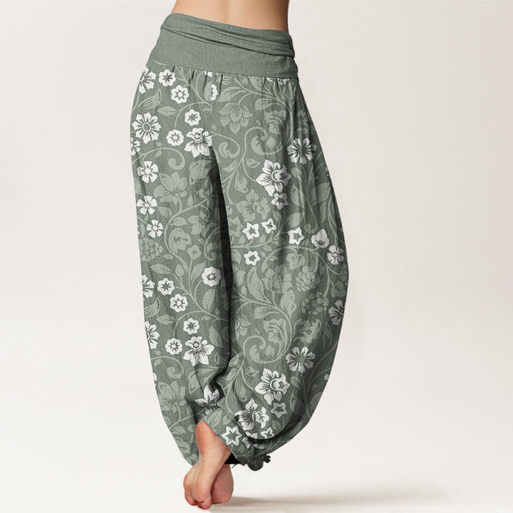 Pantalones Buddha Stones de algodón puro con diseño de pequeñas flores entrelazadas y ramas para mujer, con cintura elástica