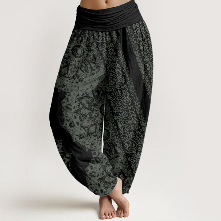 Pantalones Buddha Stones de algodón puro con estampado de mandalas y flores paralelas para mujer, cintura elástica