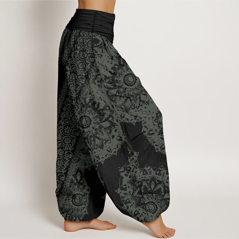 Pantalones Buddha Stones de algodón puro con estampado de mandalas y flores paralelas para mujer, cintura elástica