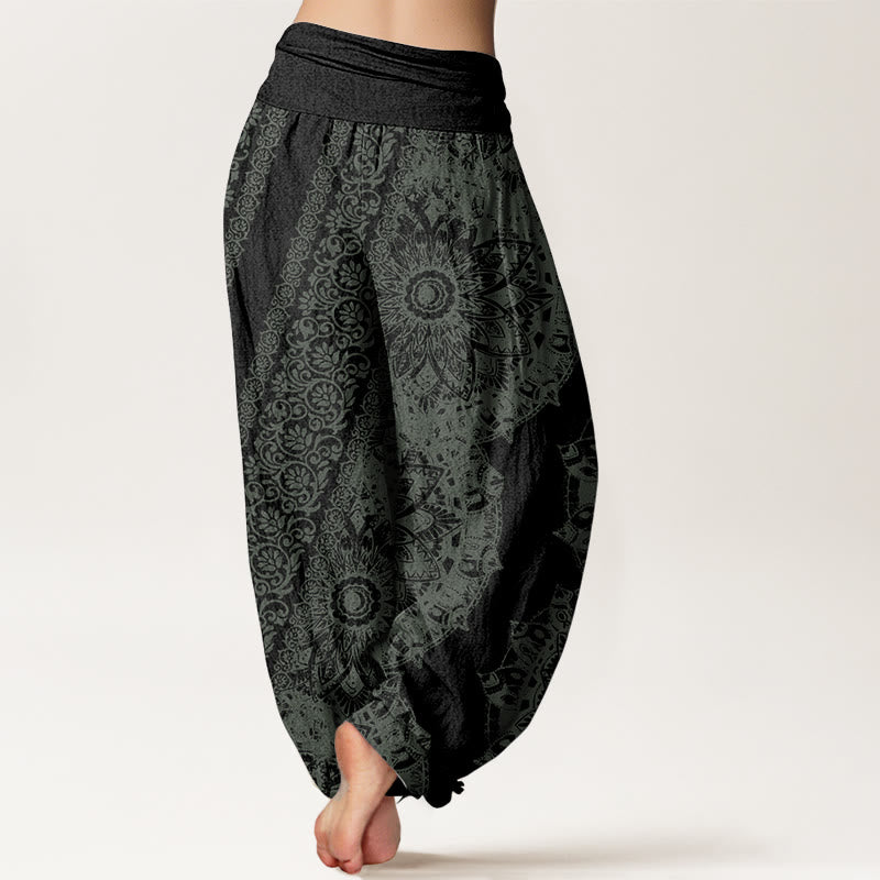 Pantalones Buddha Stones de algodón puro con estampado de mandalas y flores paralelas para mujer, cintura elástica