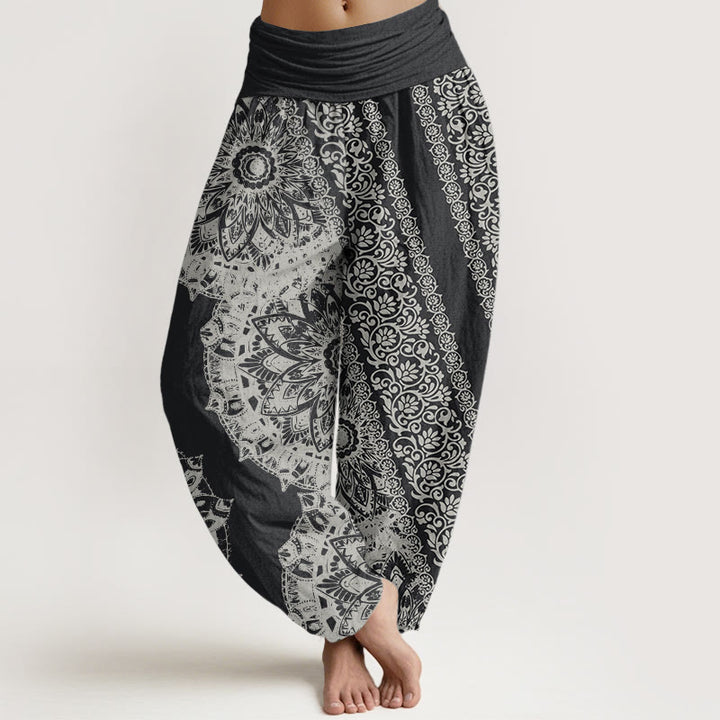 Pantalones Buddha Stones de algodón puro con estampado de mandalas y flores paralelas para mujer, cintura elástica