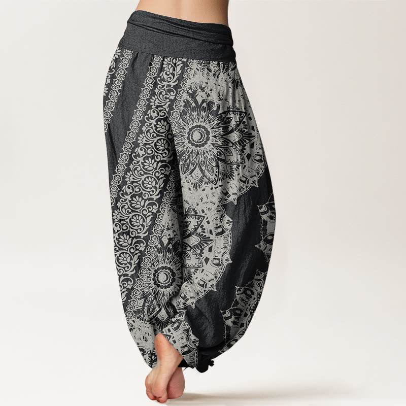 Pantalones Buddha Stones de algodón puro con estampado de mandalas y flores paralelas para mujer, cintura elástica