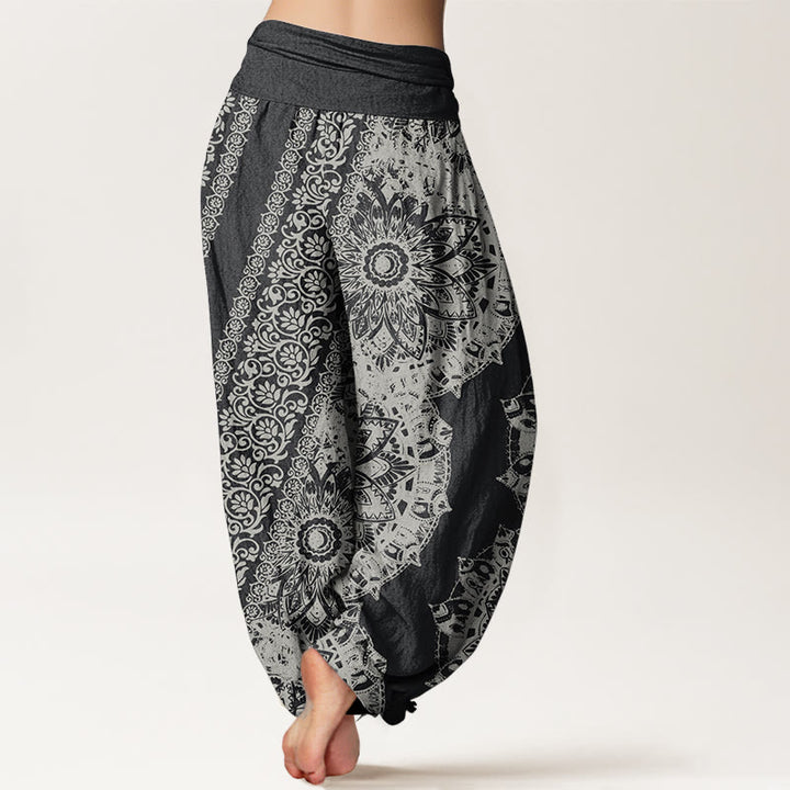 Pantalones Buddha Stones de algodón puro con estampado de mandalas y flores paralelas para mujer, cintura elástica
