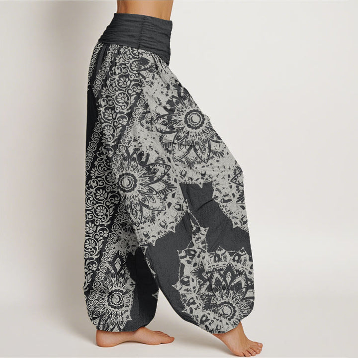 Pantalones Buddha Stones de algodón puro con estampado de mandalas y flores paralelas para mujer, cintura elástica