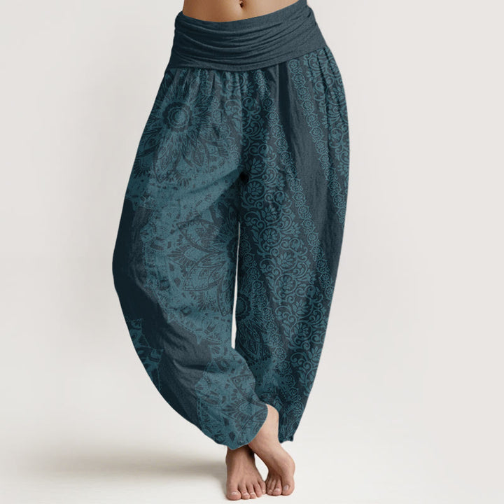 Pantalones Buddha Stones de algodón puro con estampado de mandalas y flores paralelas para mujer, cintura elástica