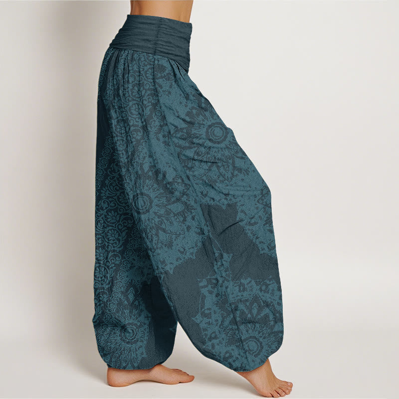 Pantalones Buddha Stones de algodón puro con estampado de mandalas y flores paralelas para mujer, cintura elástica
