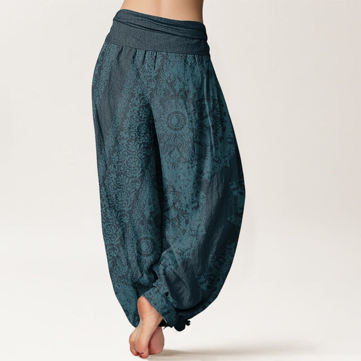 Pantalones Buddha Stones de algodón puro con estampado de mandalas y flores paralelas para mujer, cintura elástica
