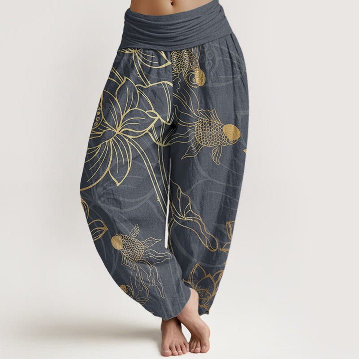 Pantalones Buddha Stones de algodón puro con diseño de hojas de loto y peces koi para mujer, con cintura elástica