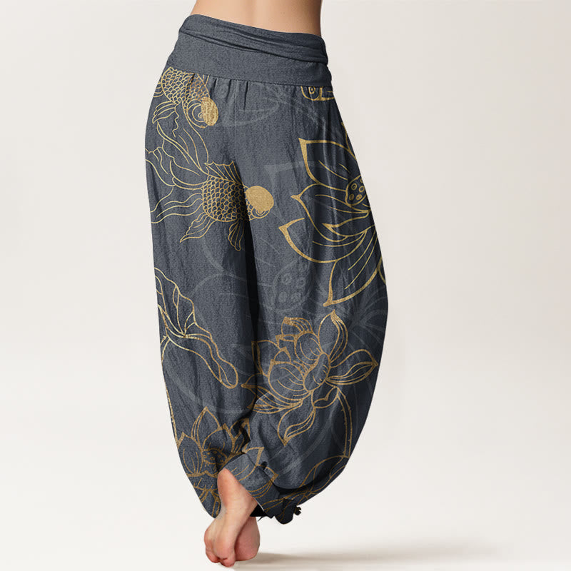 Pantalones Buddha Stones de algodón puro con diseño de hojas de loto y peces koi para mujer, con cintura elástica