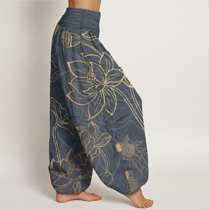 Pantalones Buddha Stones de algodón puro con diseño de hojas de loto y peces koi para mujer, con cintura elástica - image 2