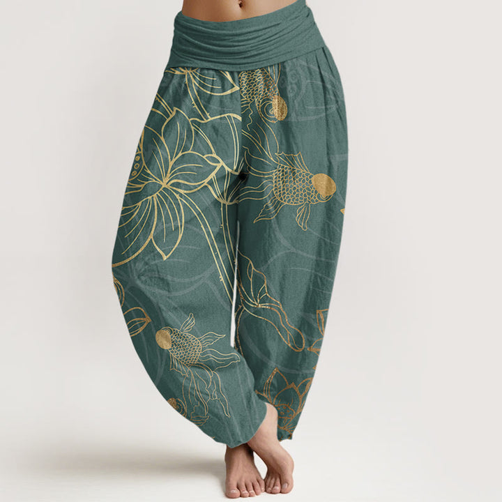 Pantalones Buddha Stones de algodón puro con diseño de hojas de loto y peces koi para mujer, con cintura elástica - Cian oscuro - US22，UK/AU26，EU54 (6XL) - image 9