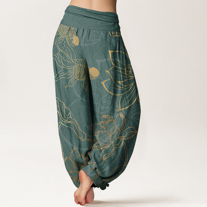 Pantalones Buddha Stones de algodón puro con diseño de hojas de loto y peces koi para mujer, con cintura elástica