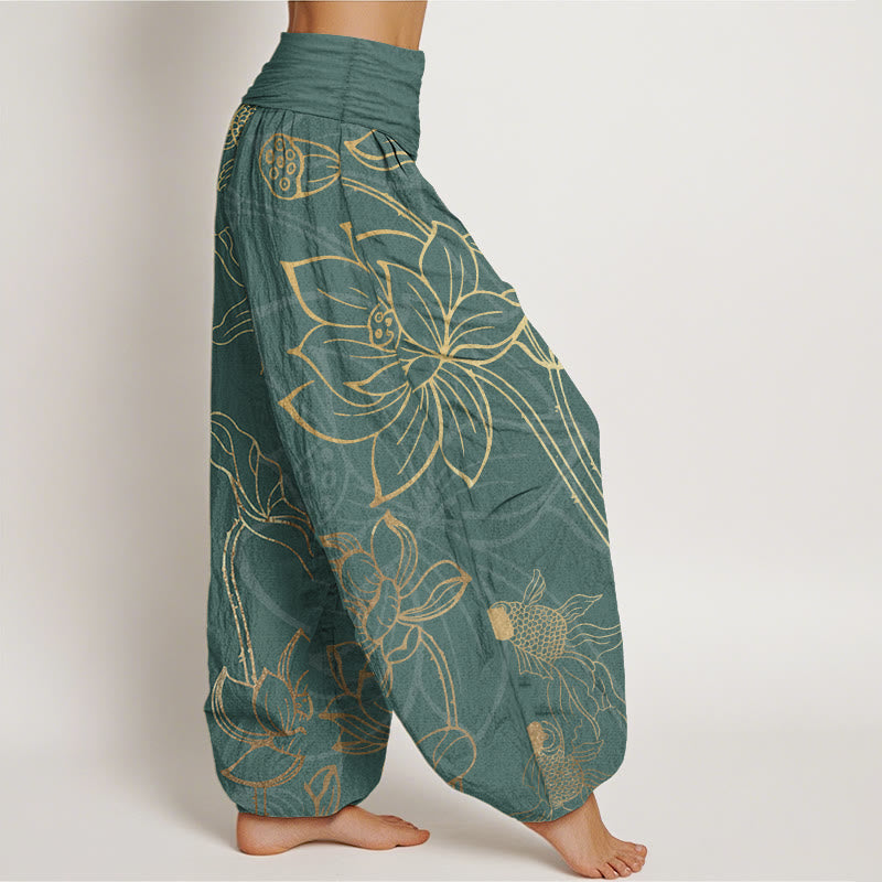 Pantalones Buddha Stones de algodón puro con diseño de hojas de loto y peces koi para mujer, con cintura elástica