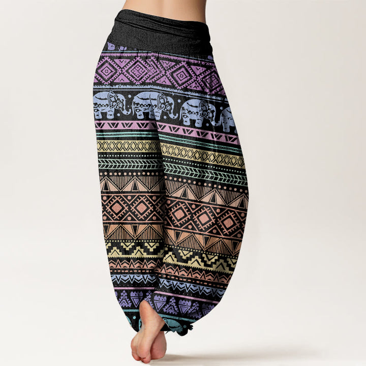 Pantalones harén de algodón puro con estampado geométrico de elefante y Buddha Stones para mujer, cintura elástica