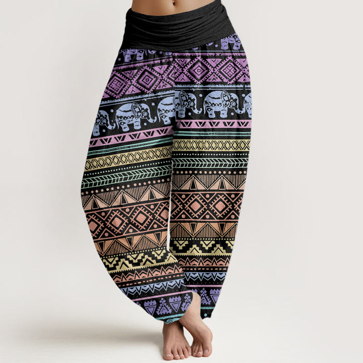 Pantalones harén de algodón puro con estampado geométrico de elefante y Buddha Stones para mujer, cintura elástica