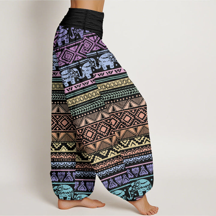 Pantalones harén de algodón puro con estampado geométrico de elefante y Buddha Stones para mujer, cintura elástica