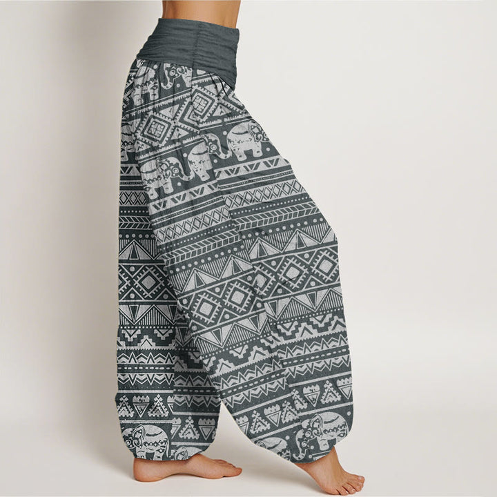 Pantalones harén de algodón puro con estampado geométrico de elefante y Buddha Stones para mujer, cintura elástica