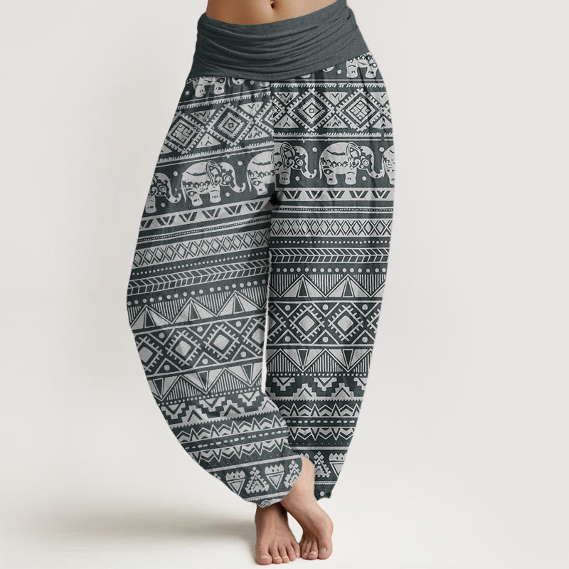 Pantalones harén de algodón puro con estampado geométrico de elefante y Buddha Stones para mujer, cintura elástica