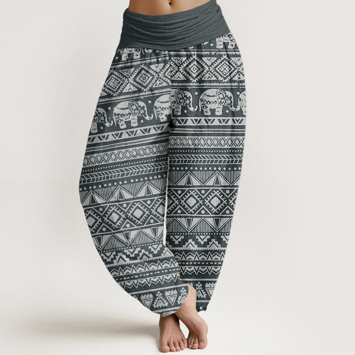 Pantalones harén de algodón puro con estampado geométrico de elefante y Buddha Stones para mujer, cintura elástica