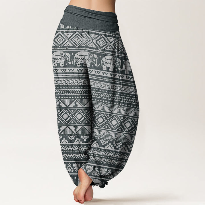 Pantalones harén de algodón puro con estampado geométrico de elefante y Buddha Stones para mujer, cintura elástica