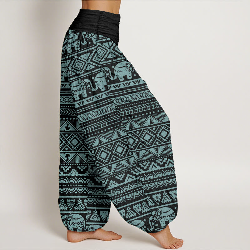 Pantalones harén de algodón puro con estampado geométrico de elefante y Buddha Stones para mujer, cintura elástica