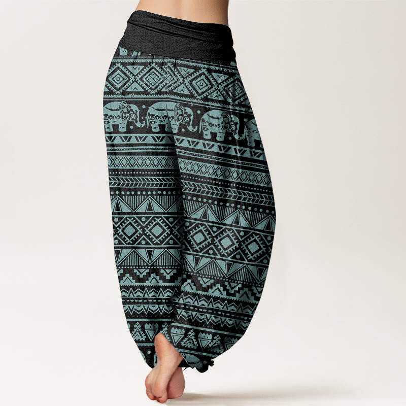 Pantalones harén de algodón puro con estampado geométrico de elefante y Buddha Stones para mujer, cintura elástica