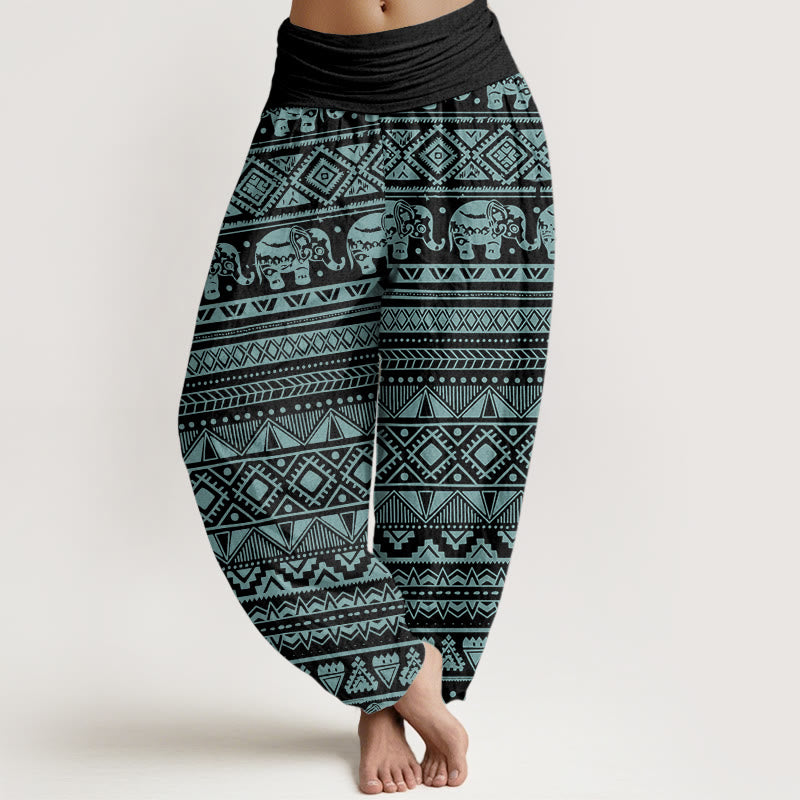 Pantalones harén de algodón puro con estampado geométrico de elefante y Buddha Stones para mujer, cintura elástica