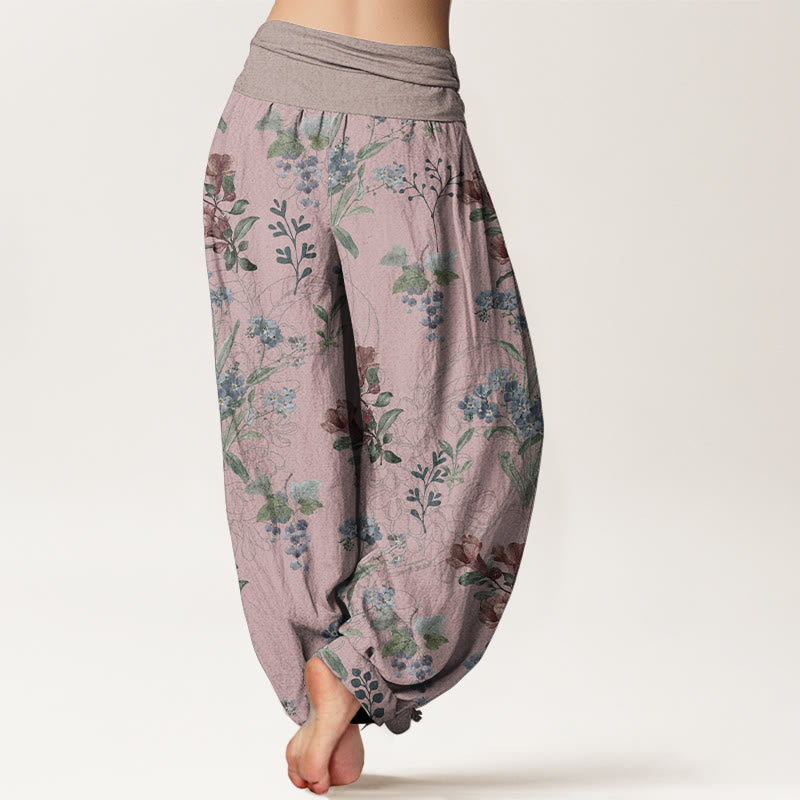Buddha Stones harén de algodón puro con diseño de flores rojas, azules y hojas verdes para mujer, con cintura elástica