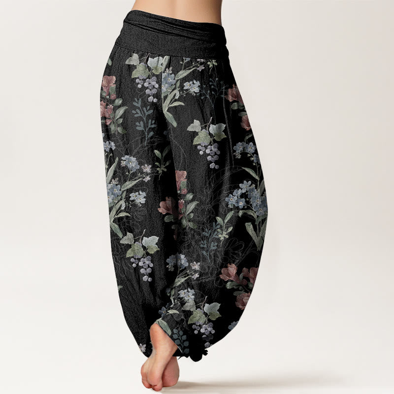 Buddha Stones harén de algodón puro con diseño de flores rojas, azules y hojas verdes para mujer, con cintura elástica