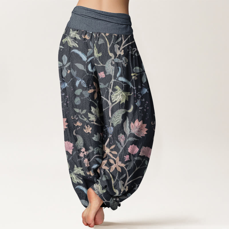 Buddha Stones harén de algodón puro con diseño floral de hojas y enredaderas para mujer, con cintura elástica