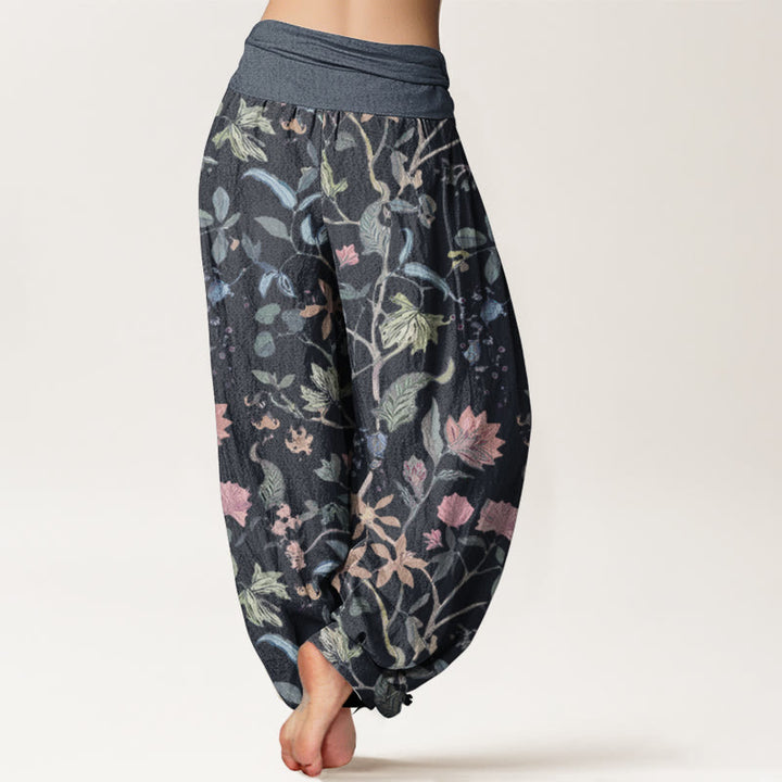 Buddha Stones harén de algodón puro con diseño floral de hojas y enredaderas para mujer, con cintura elástica